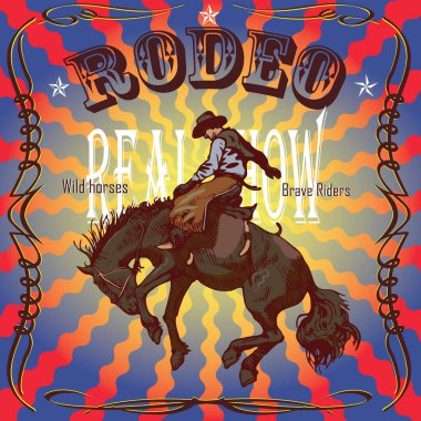 Vector banner poster with a cowboy horseman sitting on a wild horse mustang and the inscription rodeo on the background of wooden boards in retro style