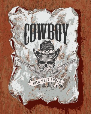 Vector image of a poster in western style with a skull hats and pistols. graphic engraving