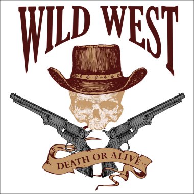 Vector image of a poster in western style with a skull hats and pistols. graphic engraving