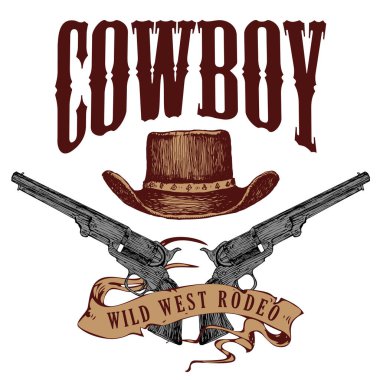 Vector image of a poster in western style with a skull hats and pistols. graphic engraving