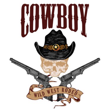 Vector image of a poster in western style with a skull hats and pistols. graphic engraving