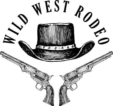 Vector image of a poster in western style with a skull hats and pistols. graphic engraving