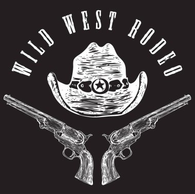 Vector image of a poster in western style with a skull hats and pistols. graphic engraving