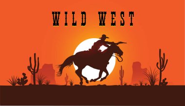 VECTOR IMAGE OF A COWBOY ON A HORSE ON A SUNSET BACKGROUND 