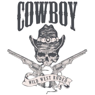 Vector image of a poster in western style with a skull hats and pistols. graphic engraving