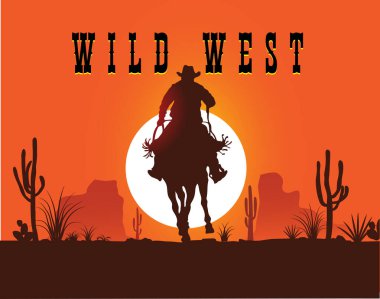 VECTOR IMAGE OF A COWBOY ON A HORSE ON A SUNSET BACKGROUND 