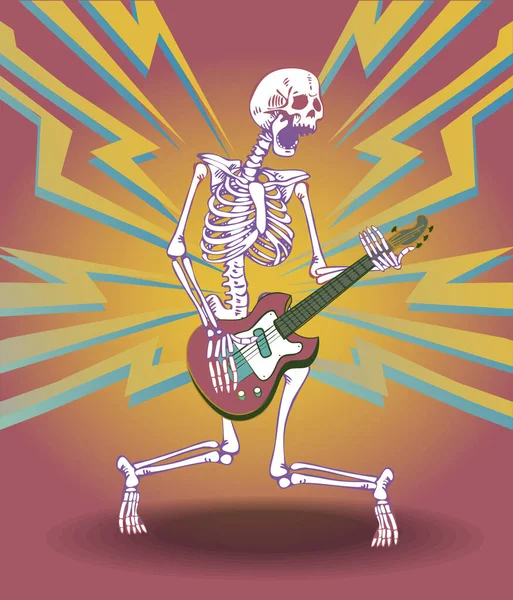 Vector Image Skeleton Guitarist Guitar Bright Background Style Cartoon Trash — Vettoriale Stock
