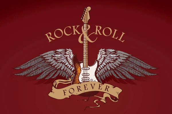 Vector Image Guitar Wings Inscription Rock Roll Style Graphic Sketch — Vettoriale Stock