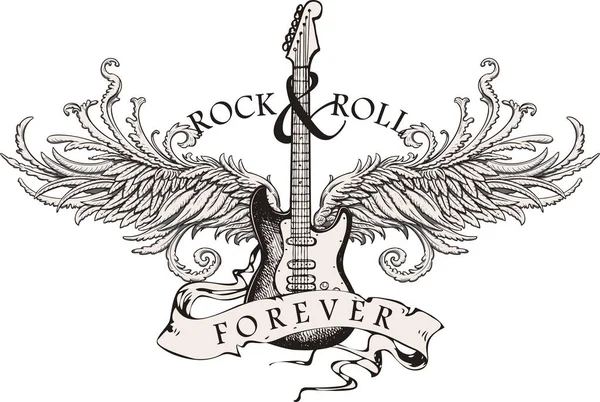 Vector Image Guitar Wings Inscription Rock Roll Style Graphic Sketch — Vettoriale Stock