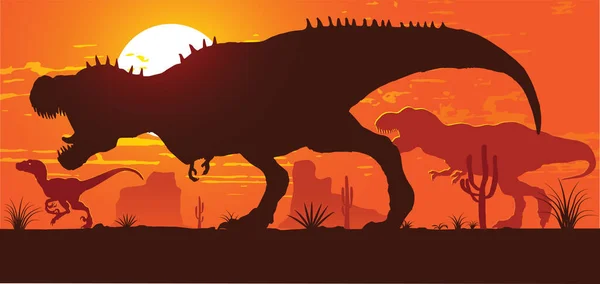 Vector Image Herd Tyrannosaurs Racing Prey Backdrop Setting Sun — ストックベクタ