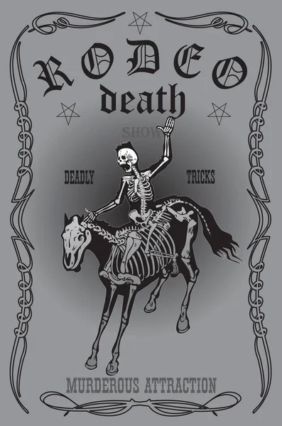 vector image of a cowboy skeleton on a skeleton horse in a poster style