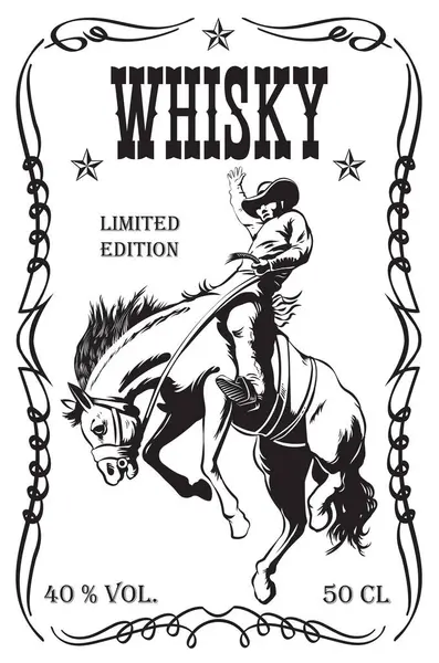 vector image of vintage label with a cowboy riding a wild horse for whiskey in art style