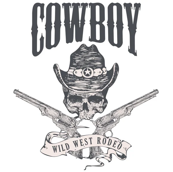 Vector image of a poster in western style with a skull hats and pistols. graphic engraving