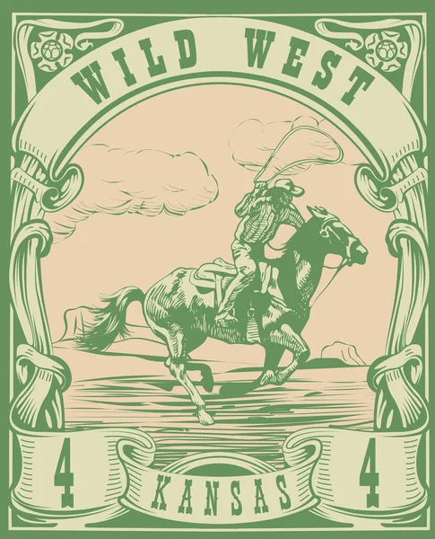 Vector Image Cowboy Horse Lasso Form Postage Stamp Inscription Kansas — Vettoriale Stock