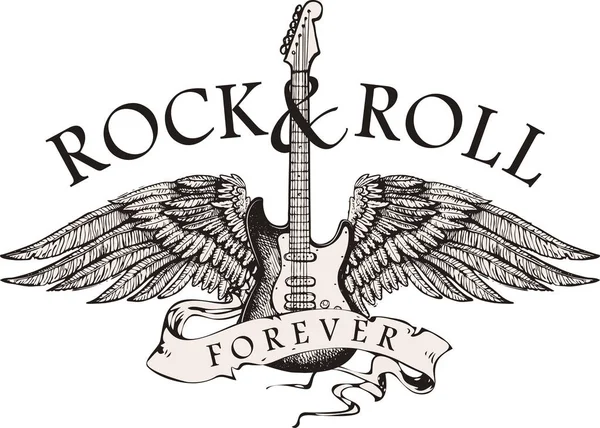 Vector Image Guitar Wings Inscription Rock Roll Style Graphic Sketch —  Vetores de Stock