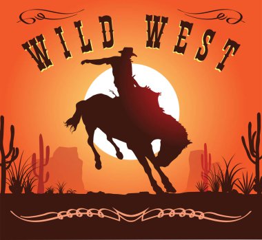 VECTOR IMAGE OF A COWBOY ON A HORSE ON A SUNSET BACKGROUND 