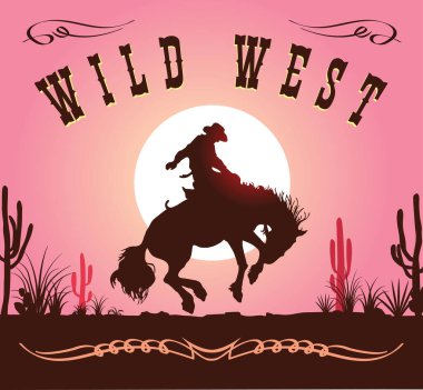 VECTOR IMAGE OF A COWBOY ON A HORSE ON A SUNSET BACKGROUND 