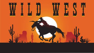 VECTOR IMAGE OF A COWBOY ON A HORSE ON A SUNSET BACKGROUND IN THE