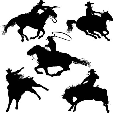 vector image of a set of silhouettes of cowboys on a wild horse mustang rodeo america