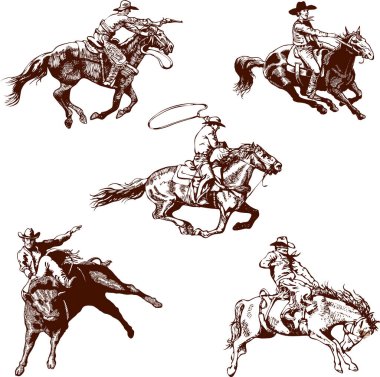 Rodeoda vahşi bir Mustang 'in üzerinde resim çizen kovboyların vektör görüntüsü.