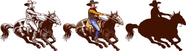 vector image of a cowboy in a hat on a horse with a lasso and a colt in the style of art graphics