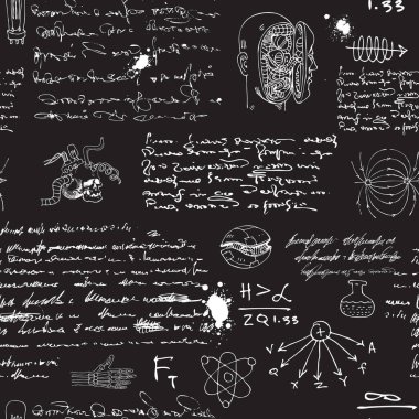 image of a seamless texture for printing on fabric and paper in the style of a sketch from the diary of a scientist-inventor with formulas and sketches of robots and mechanisms text lorem ipsum