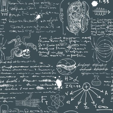image of a seamless texture for printing on fabric and paper in the style of a sketch from the diary of a scientist-inventor with formulas and sketches of robots and mechanisms text lorem ipsum