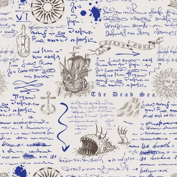 船长日记本刻字草图的中世纪航海记录风格的无缝纹理矢量图像 — 图库矢量图片