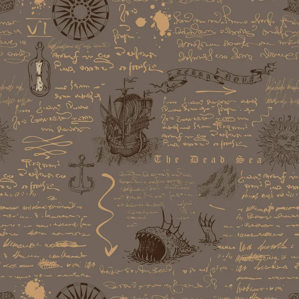 船长日记本刻字草图的中世纪航海记录风格的无缝纹理矢量图像 — 图库矢量图片