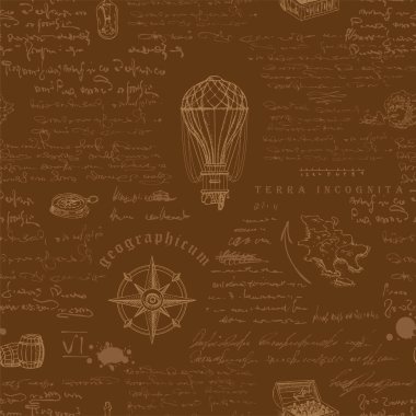 Vector image of a seamless texture for printing on fabric and paper in the style of a medieval marine record of the diary of a captain, traveler, sketch