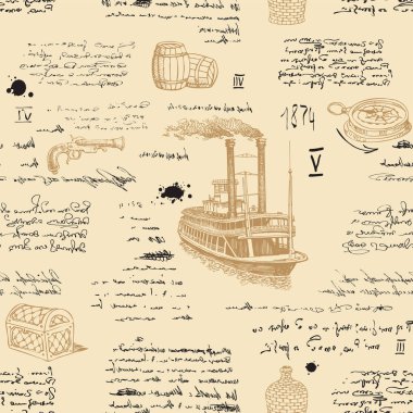 Kumaş ve kağıda basmak için kusursuz bir dokunun vektör görüntüsü. Kaptan, gezgin ve çizim günlüğünün ortaçağ deniz sitili gibi.