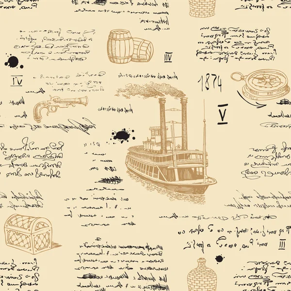一种无缝纹理的矢量图像 用于在织物和纸上按中世纪航海记录的风格打印船长 旅行者 — 图库矢量图片