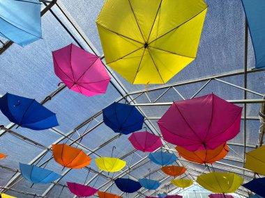 Kanada 'da bir panayırın tavanında çok renkli şemsiyeler