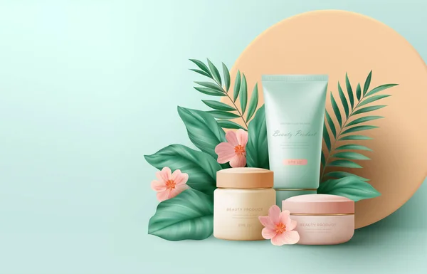 Realistic Scene Cosmetic Products Tropical Palm Leaves Web Site Design Illustration De Stock
