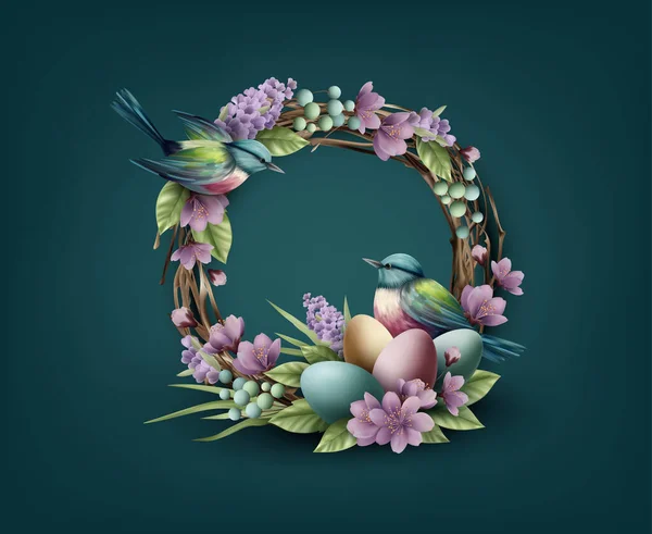 Happy Easter Greeting Card Wreath Nest Birds Easter Eggs Realistic Graphismes Vectoriels