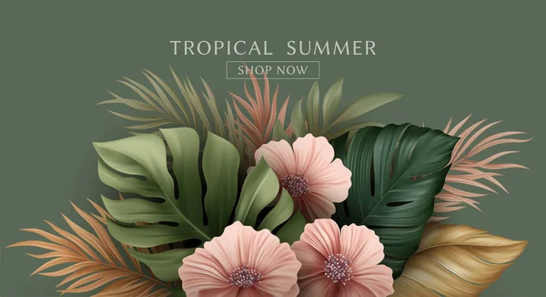 Summer Tropical Palm Leaves Design Summer Flyer Website Banner Landing Ilustración de stock