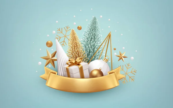 クリスマス3Dリアルな背景をお祝いします ホワイトクリスマスツリーの装飾 デザインクリスマスカード ポスター バナーの要素 ベクターイラストEps10 — ストックベクタ