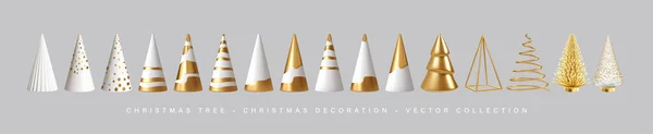 3Dゴールドホワイトリアルなクリスマスツリーがバックグラウンドに取り付けられています ポストカード ポスター バナー ウェブサイトのためのクリスマスの装飾 ベクターイラストEps10 — ストックベクタ