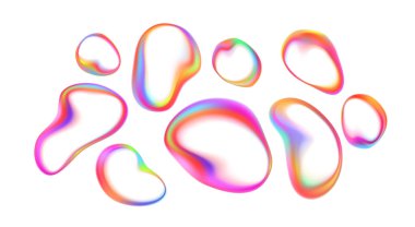 Renkli Şeffaf Gökkuşağı Damlaları. Holografik köpük sabun efektiyle Sıvı Su Sıçratma. Vektör İllüstrasyonu