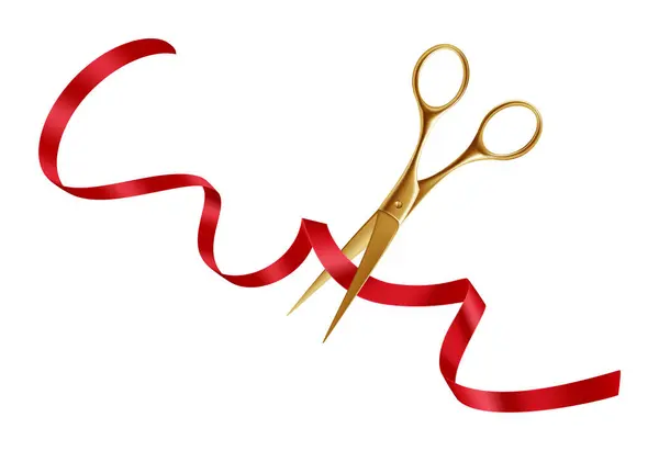 Festive Ribbon Cutting Ceremony Golden Scissors Grand Opening Event Vector — Stock Vector
