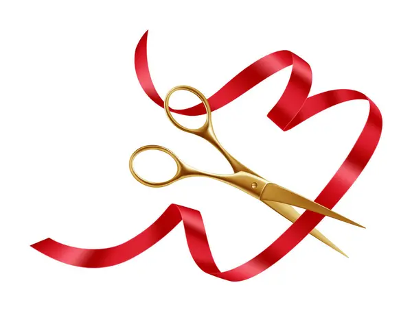Eleganta Gyllene Saxar Red Ribbon Cutting Ceremony För Grand Opening Stockillustration