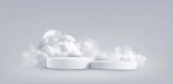 3Dリアルなモックアップ製品表彰台ディスプレイとふわふわした雲 灰色の背景に孤立したポディウムと白い雲 ベクターイラスト ベクターグラフィックス