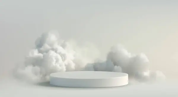 Fluffiga Moln Och Realistiska Podium Display White Cloud Grå Bakgrund Vektorgrafik