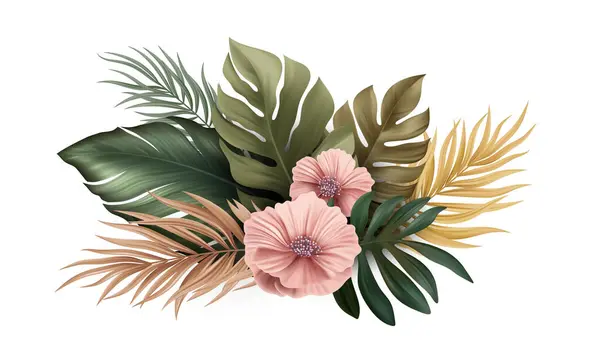 Şeffaf Arka Planda Modern Yeşil Altın Palmiye Yaprakları Çiçekleri Pankartlar — Stok Vektör