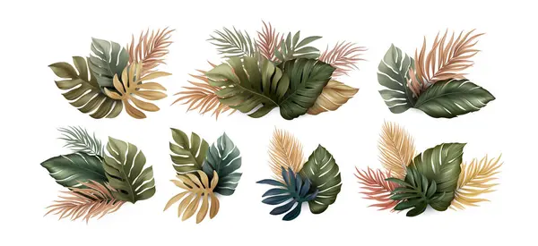 Moderne Grüne Und Goldene Palmenblätter Auf Transparentem Hintergrund Abstraktes Tropic — Stockvektor