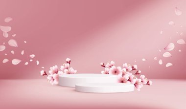 Pembe Gerçekçi Gerçekçi Kiraz Çiçeği Çiçekleri Ürün Podyumu Sahnesi. Vektör Illustration EPS10
