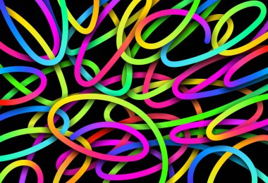 Yaratıcılık ve Enerjiyi temsil eden soyut Renkli Eğrilmiş Çizgiler Siyah Arkaplan Üzerinde Örüyor. Vektör illüstrasyonu