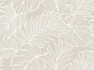 Kusursuz Tropikal Yaprak Şablonu Canavar ve Palmiye Yaprakları Bej ve Beyaz