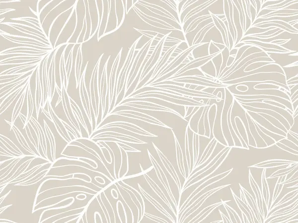 Kusursuz Tropikal Yaprak Şablonu Canavar ve Palmiye Yaprakları Bej ve Beyaz