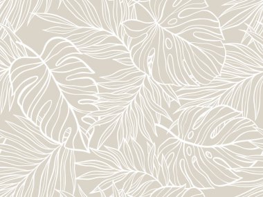 Zarif Bej ve Beyaz Estetik Tasarımda Tropikal Palmiye ve Canavar Yaprağı Deseni